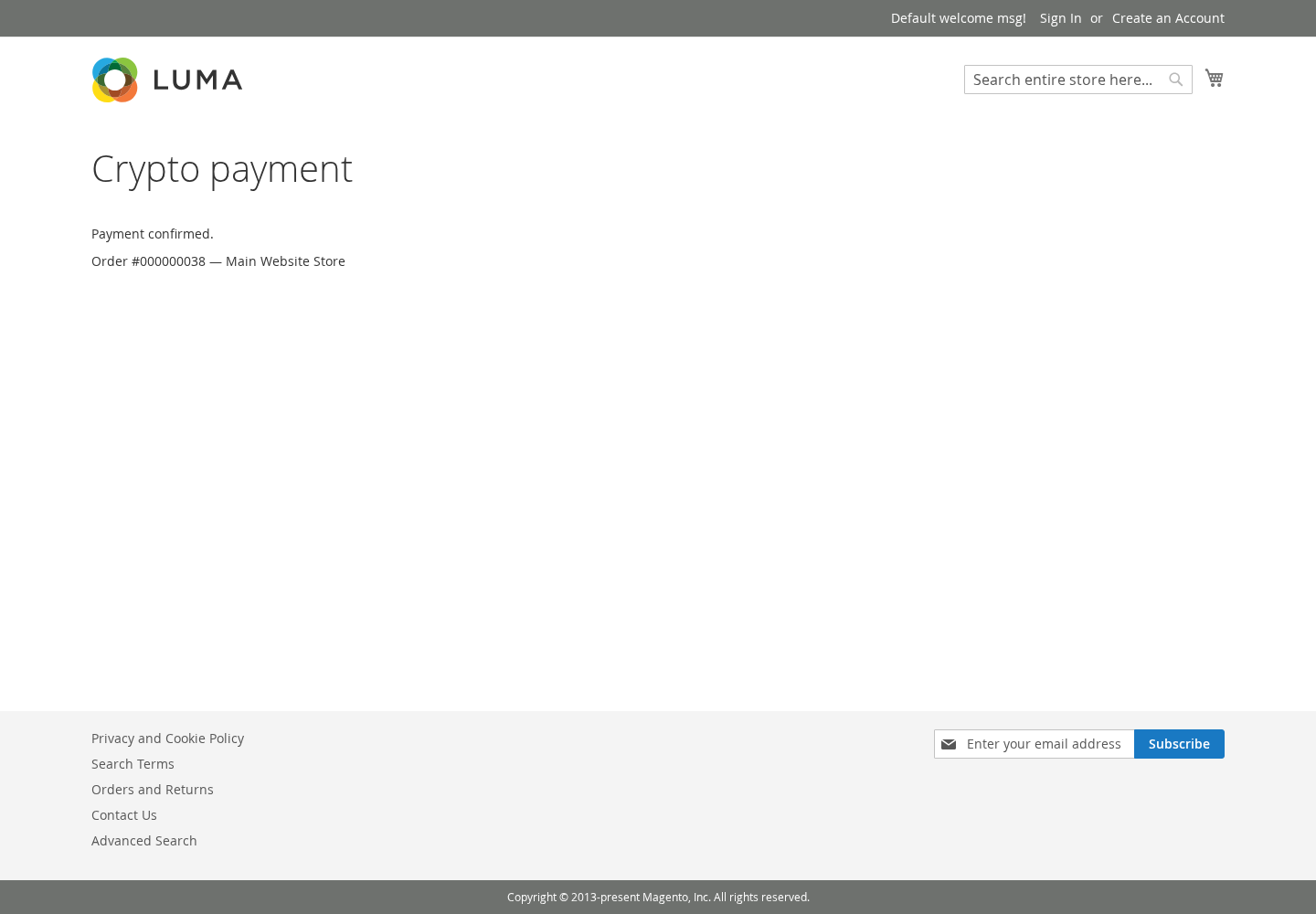 The payment status page after a confirmed crypto payment in Magento