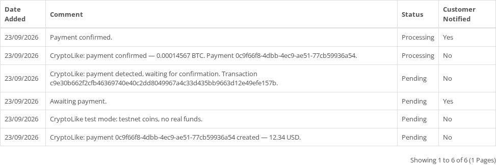 Order history in OpenCart 3.0 after a confirmed crypto payment